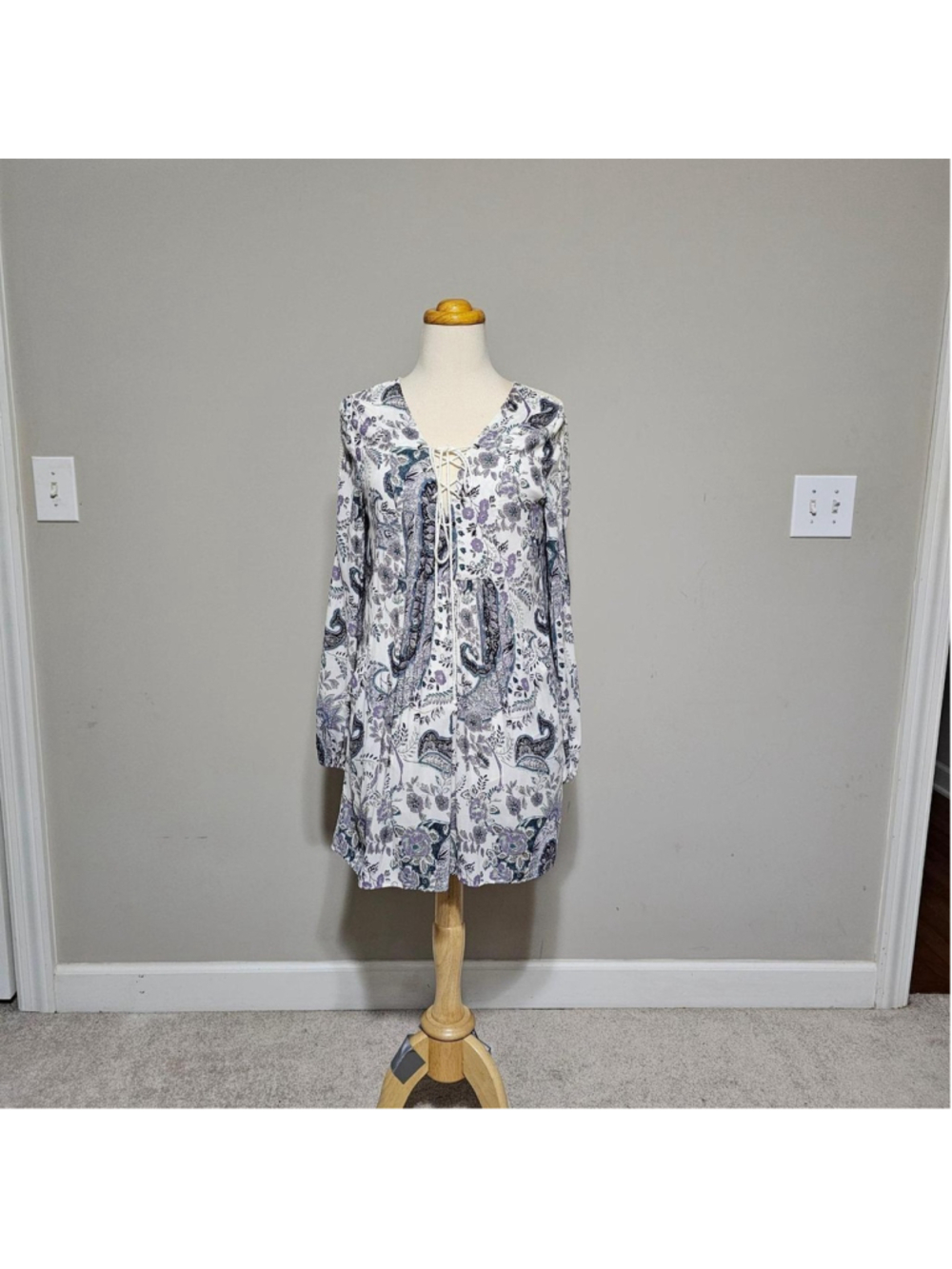 Free People XS Paisley Boho Long Sleeve Mini Dress Lace